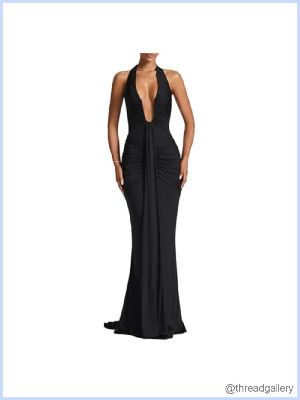 Women's Deep V Neck Ruched Maxi Dress Halter Formal Evening Gown